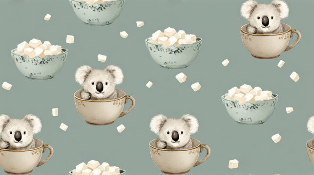 Fototapeta Seamless pattern with koalas in vintage teacups and bowls sprinkled with sugar cubes on a muted sage background