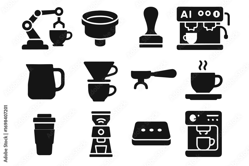 Poster filter espresso ai placing vector travel icons grinder machine automated drip icon