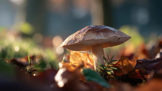 Close Up Mushroom on Forest Floor with Autumn Leaves and Sunlight on Blurred Green Background Creates a Nature Scene