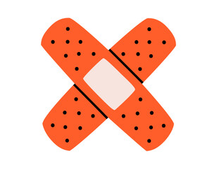 Hand drawn cute illustration of two crossed adhesive plasters. Flat vector medical court plaster doodle. Sticky aid patch. Health care treatment sticker, icon. Support or help. Isolated.