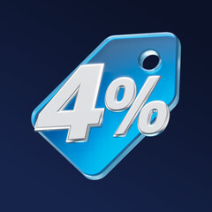 4 percent discount number with blue glass shopping badge isolated on dark background. 3d render