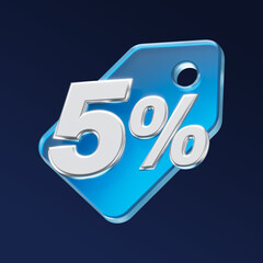5 percent discount number with blue glass shopping badge isolated on dark background. 3d render