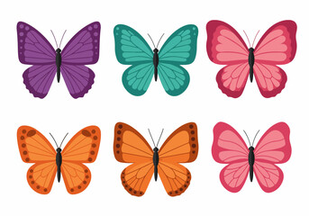 A vibrant collection of six stylized flat vector butterflies in diverse colors including purple, teal, pink, and orange, isolated on a white background.