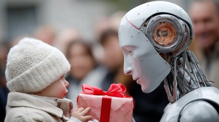 Baby is giving wrapped present to an android robot in a public setting, possibly during the day, many people in the background