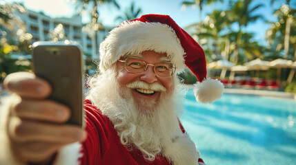 Jolly Santa wearing stylish sunglasses taking selfie beside luxurious resort swimming pool, relaxing during festive tropical holiday getaway