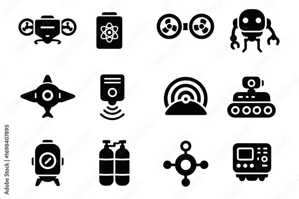 Poster vector robots dual module oxygen sphere advanced underwater icon manipulator sensor sonar