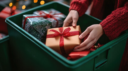 close-up of hands placing wrapped presents into charity bin, holiday background, red and green theme