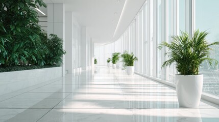 Bright modern corridor with potted plants in glass-walled space