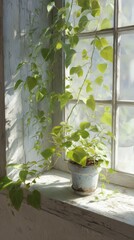 Sunlit windowsill vine plant in rustic pot