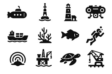 Icon sonar marine vector oil cargo fish set icons dock wave sea