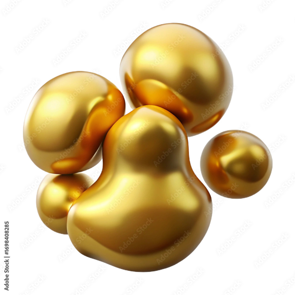 Poster a cluster of smooth, shiny gold liquid blobs and spheres with organic shapes, isolated on a transpar