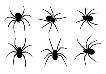 Set of Black Spider Silhouettes for Halloween and Creepy Themed Designs: Six Arachnid Vectors in Various Poses on White Background.