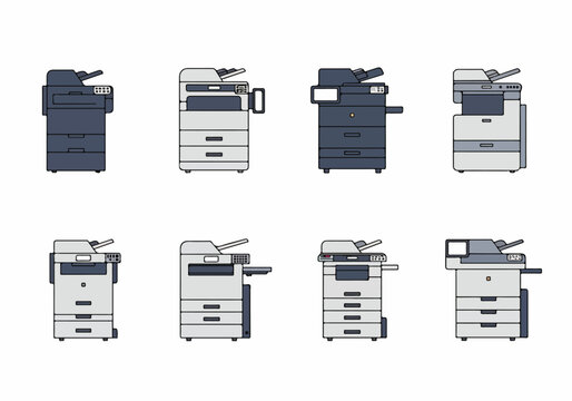 Collection of modern office multifunction printers and photocopier machines vector illustrations, showcasing various models for business and workplace environments.