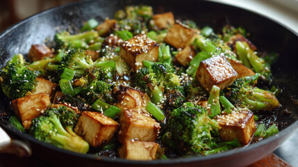 Crispy tofu cubes stir fried with broccoli and green onions topped with sesame seeds in a hot skillet
