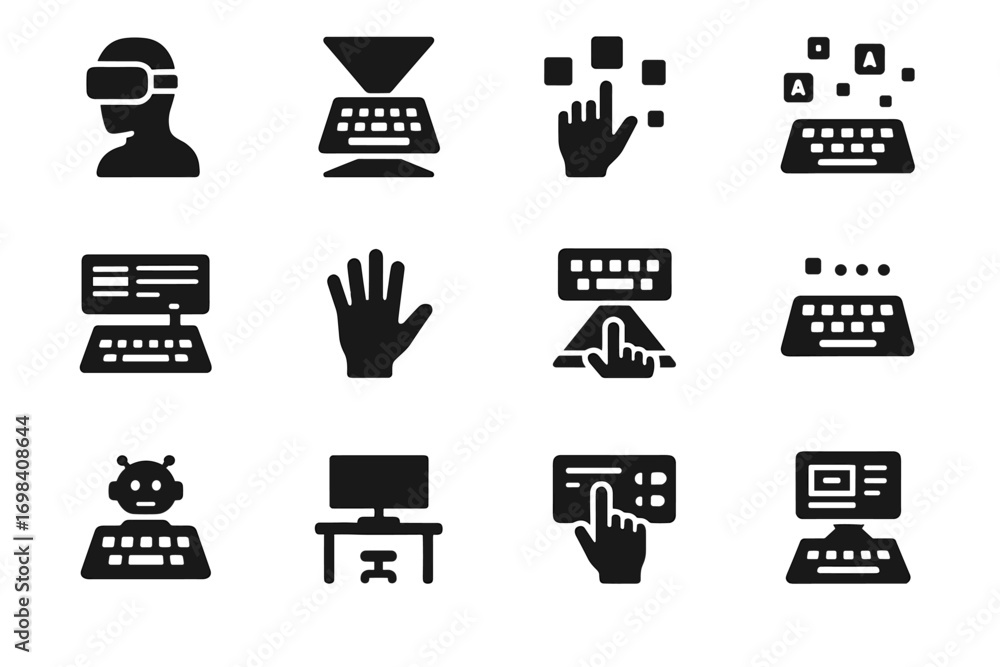 Poster letters floating gesture tools key holographic workspace icon vector digital virtual typing