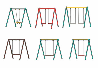 Colorful Swing Sets Collection: Six Diverse Playground Swings in Flat Vector Illustration Style, Isolated on White for Kids' Outdoor Play and Recreation Design.
