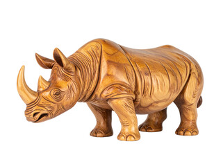 Fototapeta premium Rustic Hand-Carved Wooden Rhino Figurine with Textured Surface, Standing Pose, Side View, Isolated on Transparent Background