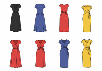 Collection of various wrap dresses in different styles and colors like black, blue, red, and yellow, illustrating fashion design templates.
