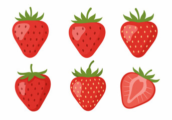A collection of fresh, vibrant, and ripe cartoon strawberries with one cut in half, ideal for food, fruit, and healthy eating themes.