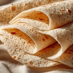 Naklejka premium Thin, airy flatbreads with a porous texture, folded neatly on a cloth surface.