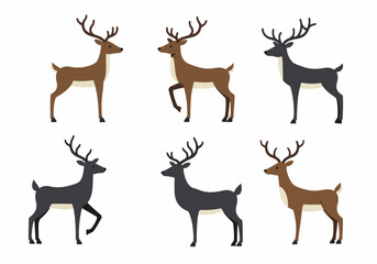 Set of six stylized deer illustrations in brown and dark grey, featuring various poses for versatile nature, woodland, or holiday-themed designs.