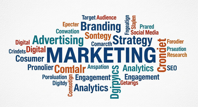 Word cloud depicting marketing strategy terms, showcasing key concepts like branding, digital advertising, and SEO, ideal for business or educational contexts