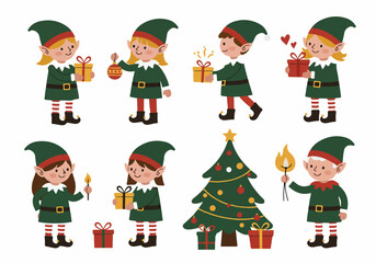 Fototapeta premium Cheerful Christmas Elves with Gifts, Ornaments, and Tree for Festive Holiday Season Illustration