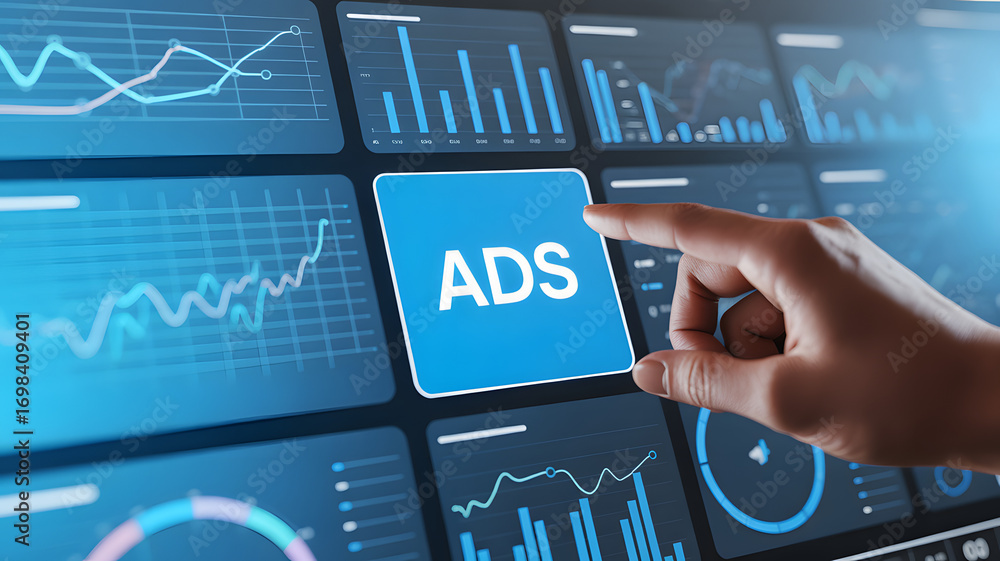Poster digital marketing insight: a close-up view features a hand selecting an ads button, set against a co