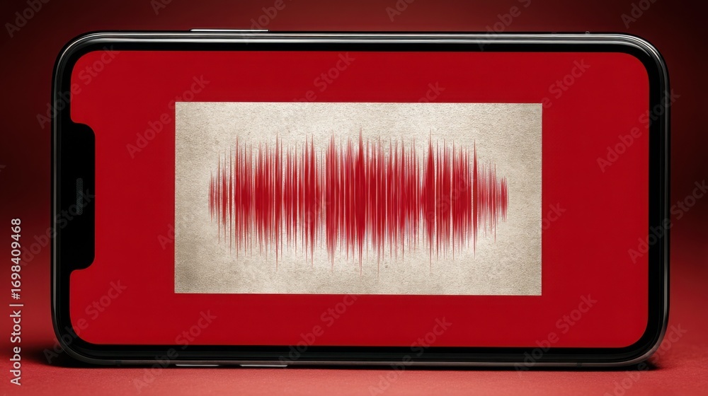 Poster striking red and white sound wave illustration demonstrating frequency variations in audio technolog
