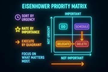 Neon Eisenhower Matrix with Priority Tasks for Modern Productivity Planning