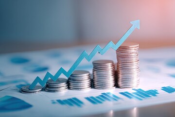 Financial Growth and Investment Concept with Rising Coins and Arrow Graph.
