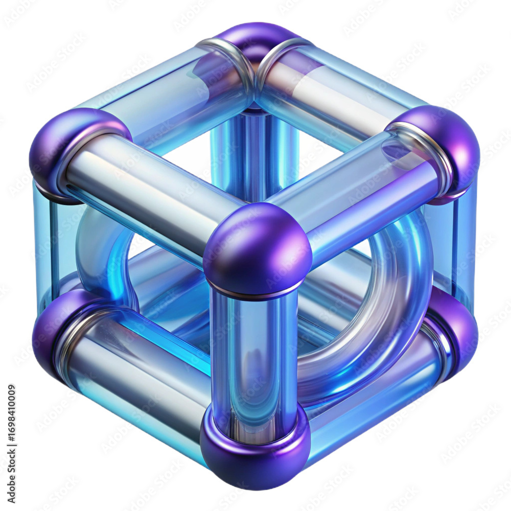 Poster a futuristic cube structure composed of transparent tubes and metallic spheres in blue and purple is