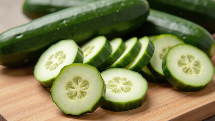 Fresh cucumbers sliced on wooden board, showcasing their vibrant green color and crisp texture, perfect for salads or snacks