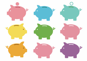 Collection of nine colorful piggy banks illustrating savings, finance, and investment concepts on a white background.