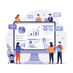 A vibrant flat 2D vector illustration portrays a business team collaborating, analyzing data charts and an upward trending graph on a large monitor, with speech bubbles for discussion.