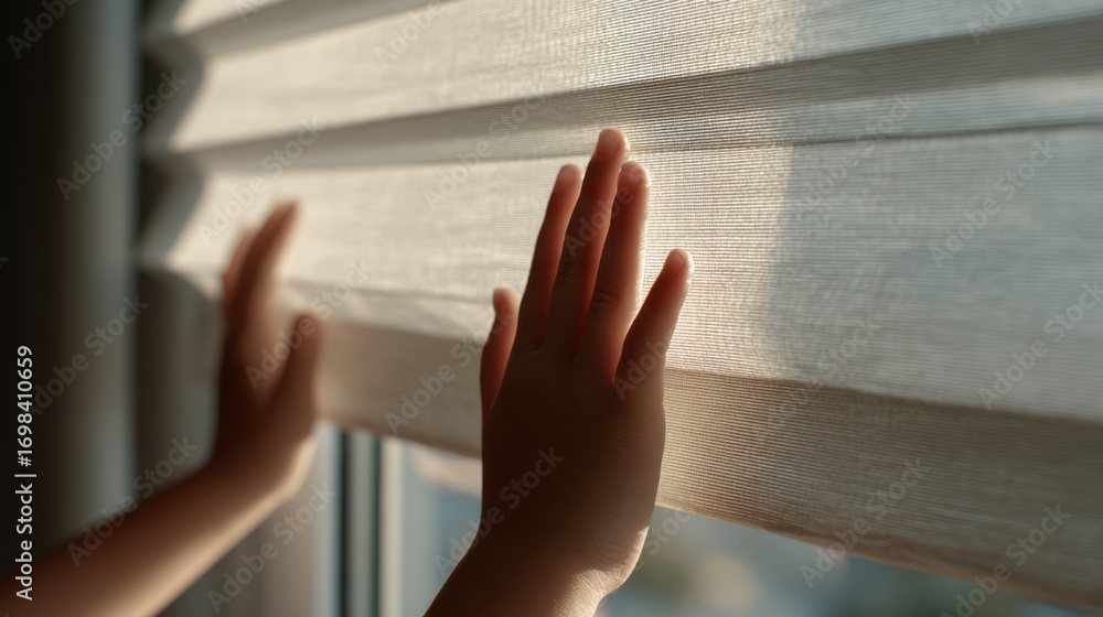 Poster focused medium shot capturing fabric cordless blinds fully raised by a child highlighting texture an