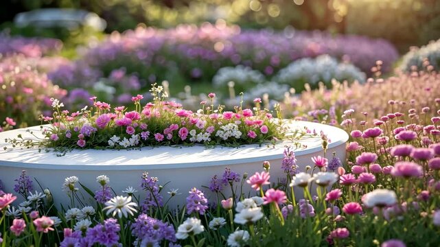 Vibrant blooming garden flowers arranged in circular floral display with colorful spring blossoms outdoors