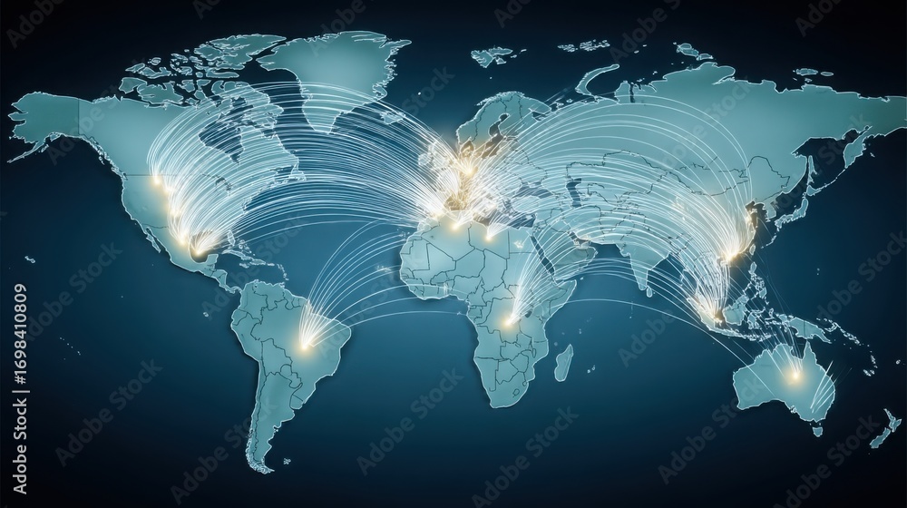 Aufkleber world map depicting a network of connected lines representing global communication and momentum comp