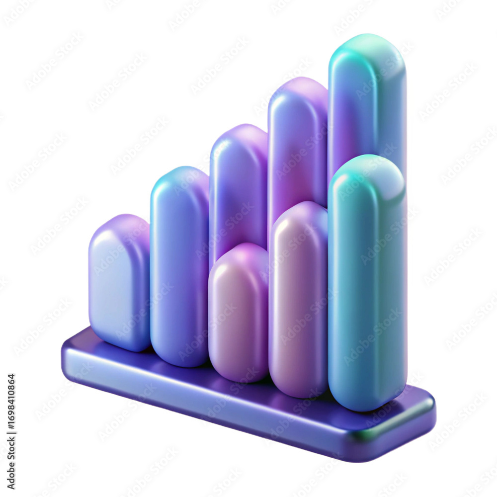 Poster a 3d abstract bar chart showing growth with iridescent metallic bars in purple and blue, isolated on