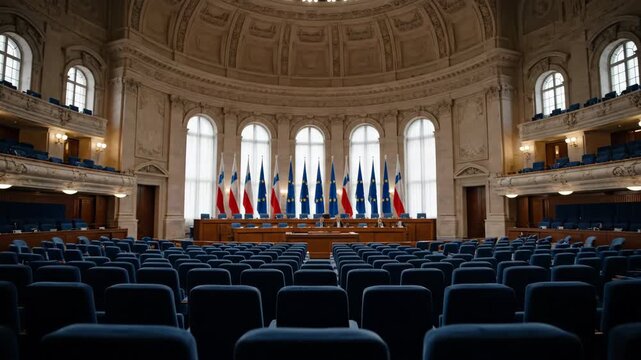 Empty legislative assembly room with grand architecture and flags