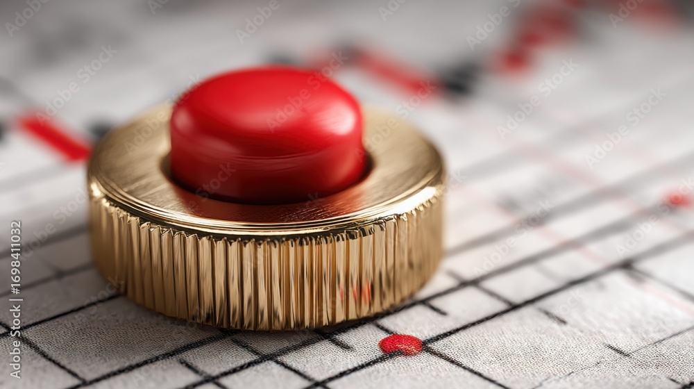 Poster A bold red button centered on a crisp white background emphasizing a distinctive fadeout detector concept design
