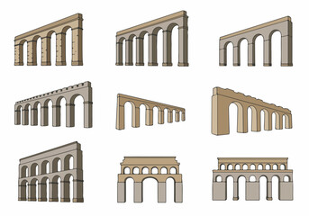 Collection of hand-drawn Roman aqueduct and arched bridge illustrations in various perspectives, depicting ancient architecture and engineering, isolated on white.