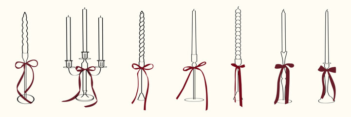 Coquette Christmas candle illustration with red ribbon bows, Minimal line art taper candles in holders. Elegant holiday decorative vector for wrapping paper, backgrounds, wallpapers, greeting cards.