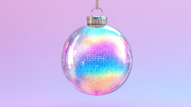 Holographic iridescent glass Christmas ornament binary code pastel digital decoration festive holiday sphere shiny reflective modern futuristic technology abstract gradient colorful hanging chain