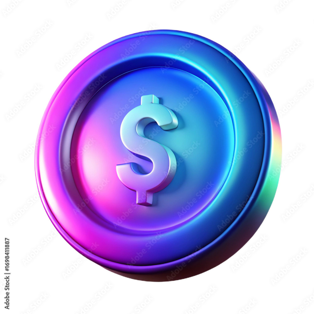 Poster a vibrant 3d render of a dollar coin with a gradient of blue and purple, isolated on a transparent b