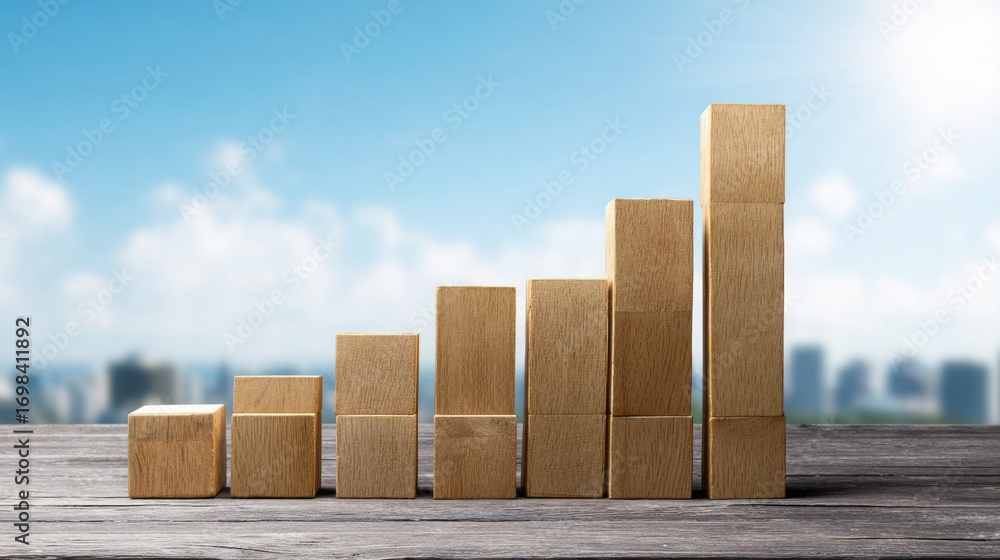 Poster wooden block with city background representing stock performance tracking and market analysis concep