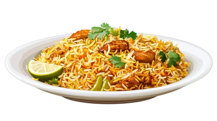 White plate of chicken biryani. isolated on transparent background.