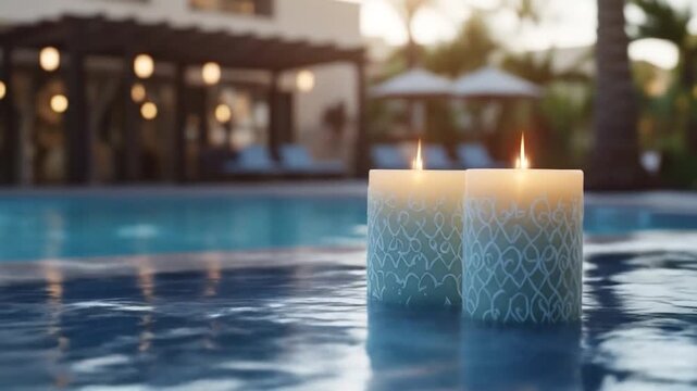 Floating candles in pool serene evening light relaxation