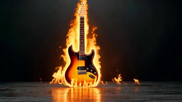 Fiery electric guitar engulfed in flames symbolizing rock music energy creativity and powerful artistic performance concept