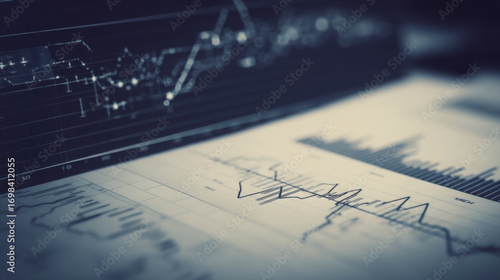 Poster graph on paper representing financial data and stock performance analysis for business and investmen
